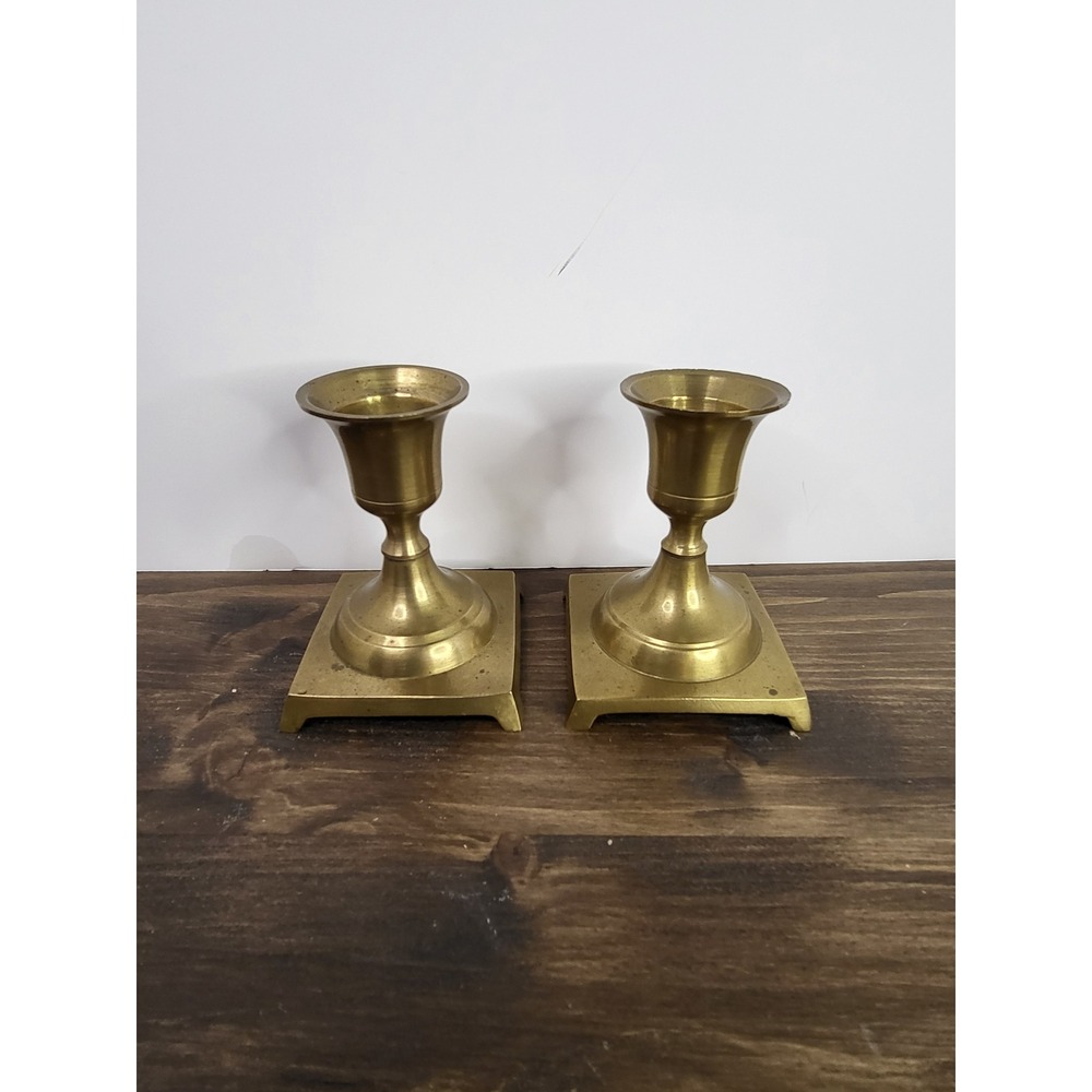 Vintage Brass Candlestick Holders Set of 2 Square Footed Base Taper Gold Tone